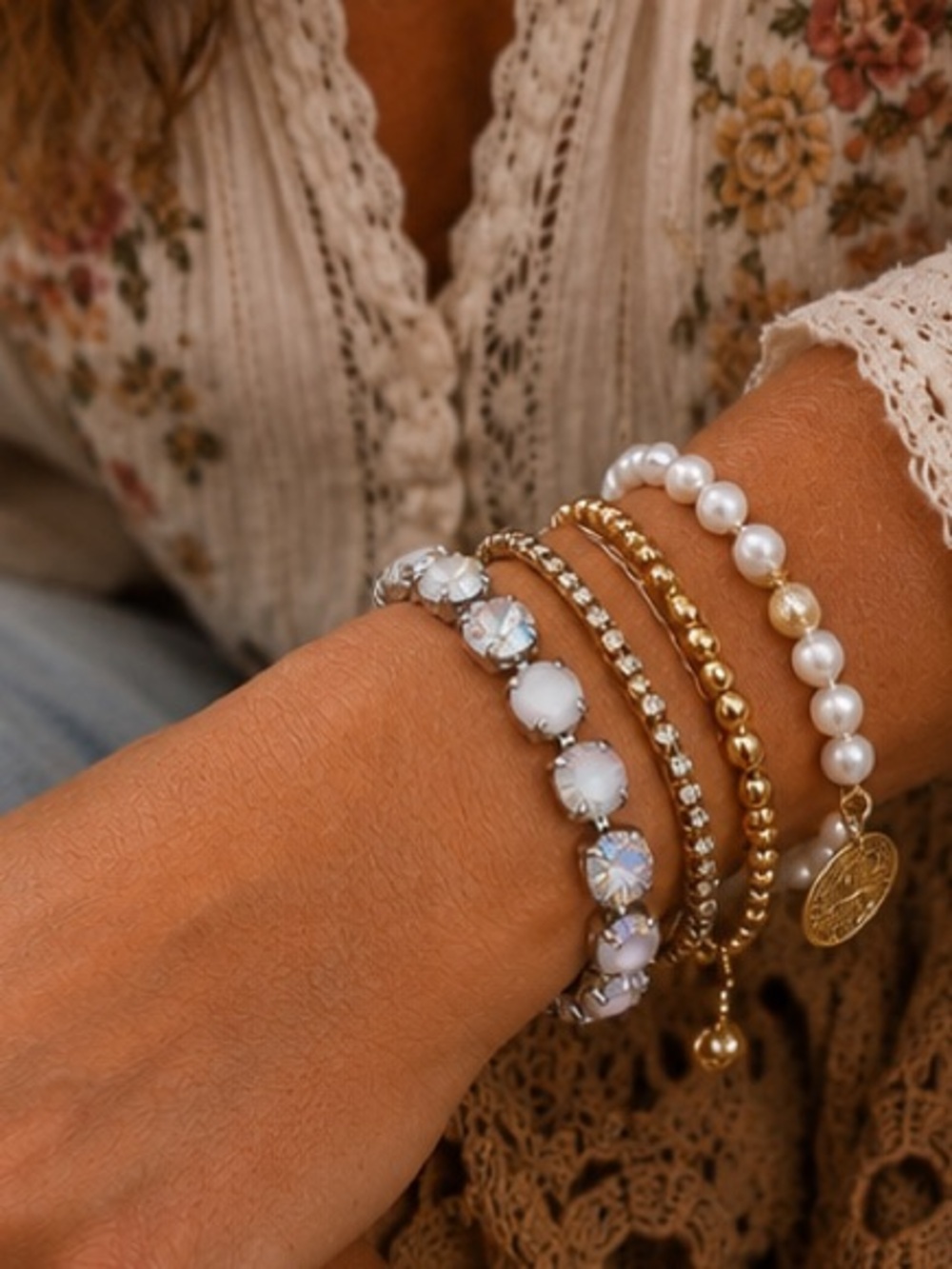Clear and White Crystal Bracelet Silver Tone Adjustable Rhinestone Bracelet